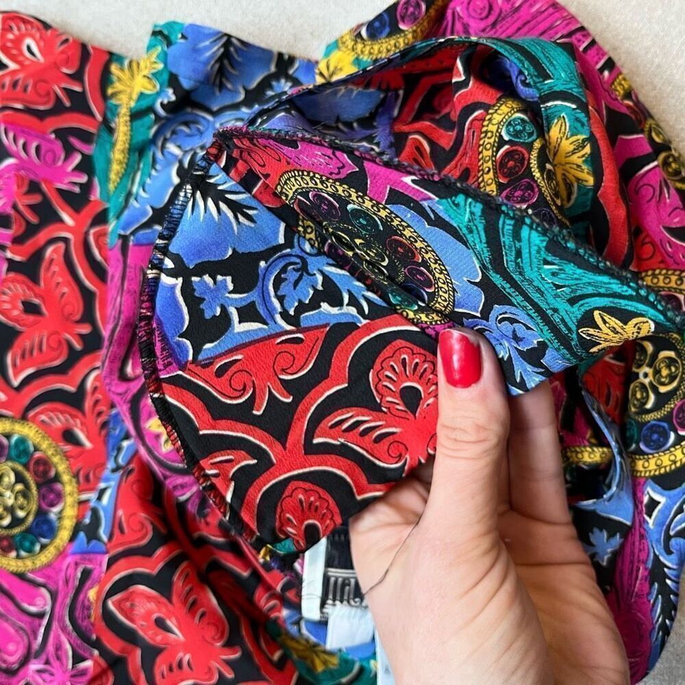 Vintage 80s 100% Silk Bright Colorful Print Sleeve, SZ L - Picture 6 of 12